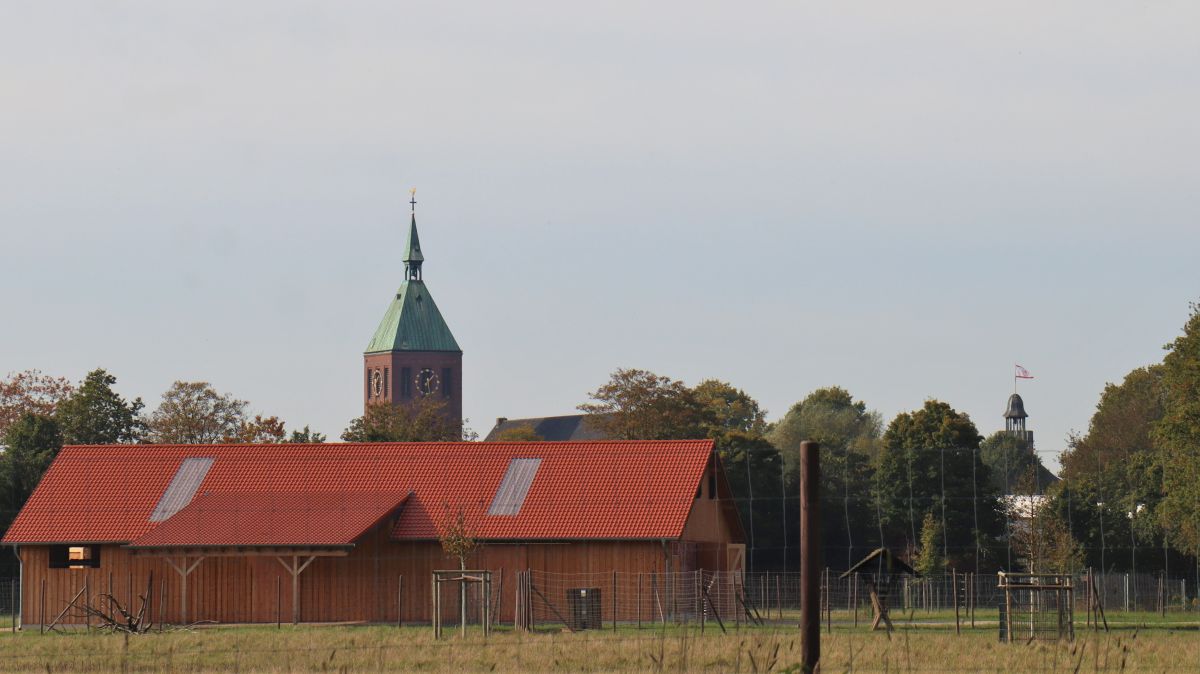 Tiergehege Scheune mit Kirchturm Weeze